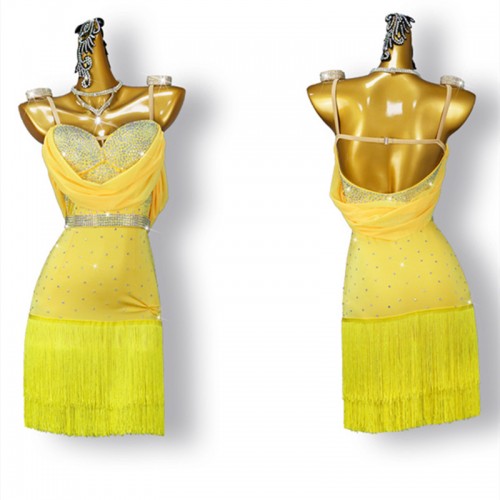 Custom size yellow color competition fringe latin dance dresses for kids girls women rhinestones salsa ballroom dance costumes for female